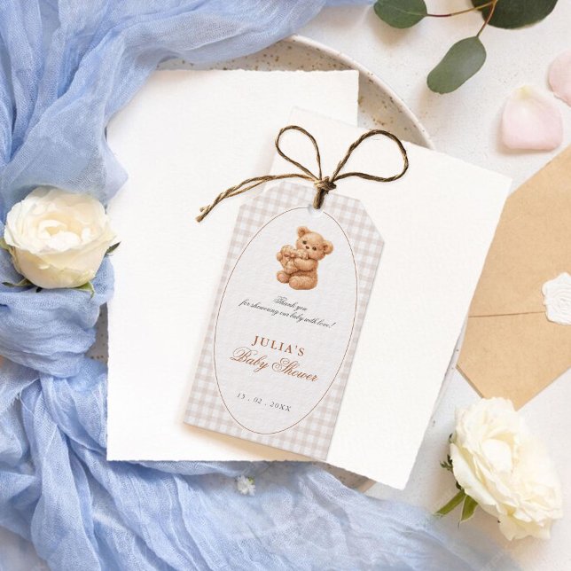 Brun Gingham Teddybjörn Neutral Barnkalas Papper Presentetikett (Skapare uppladdad)