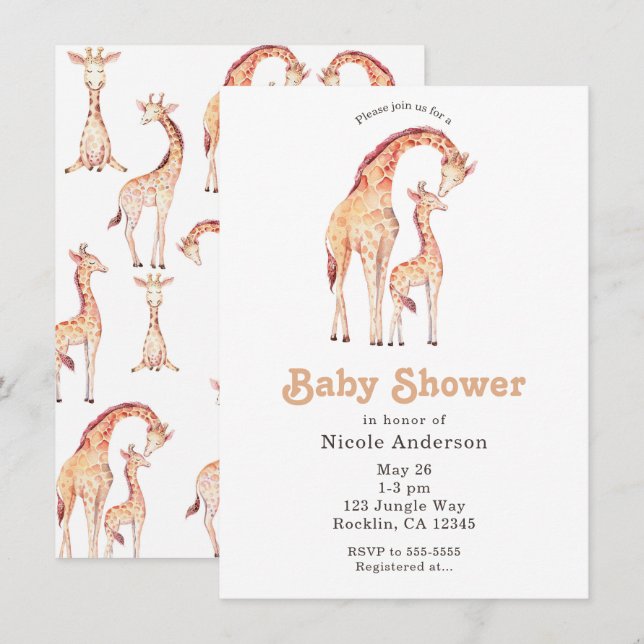 Brun Giraffers Nyckfulla Bebis Shower Inbjudningar (Fram/baksida)