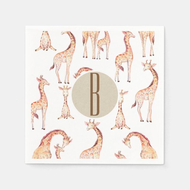 Brun giraffs baby shower monogram bokstav initial pappersservett (Framsidan)