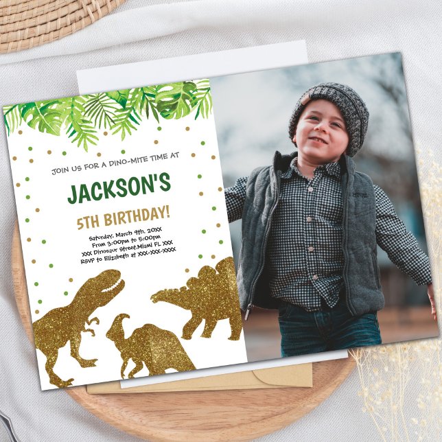 Brun Glitter Dinosaur Birthday-inbjudan Inbjudningar (Brown Glitter Dinosaur Birthday Invitations photo)
