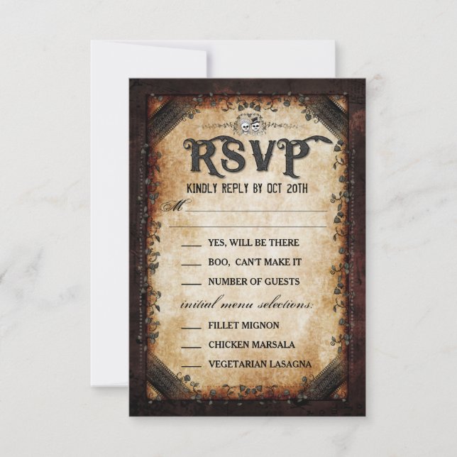 Brun gothisk Halloween skelett matchande MENY RSVP Inbjudningar (Framsida)