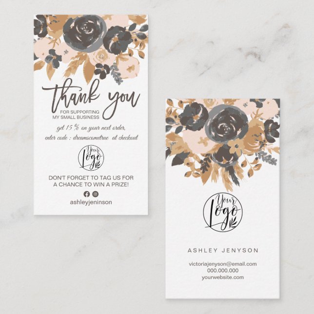 Brun grått boho-blommigt, logotyp order tack visitkort (Fram/baksida)