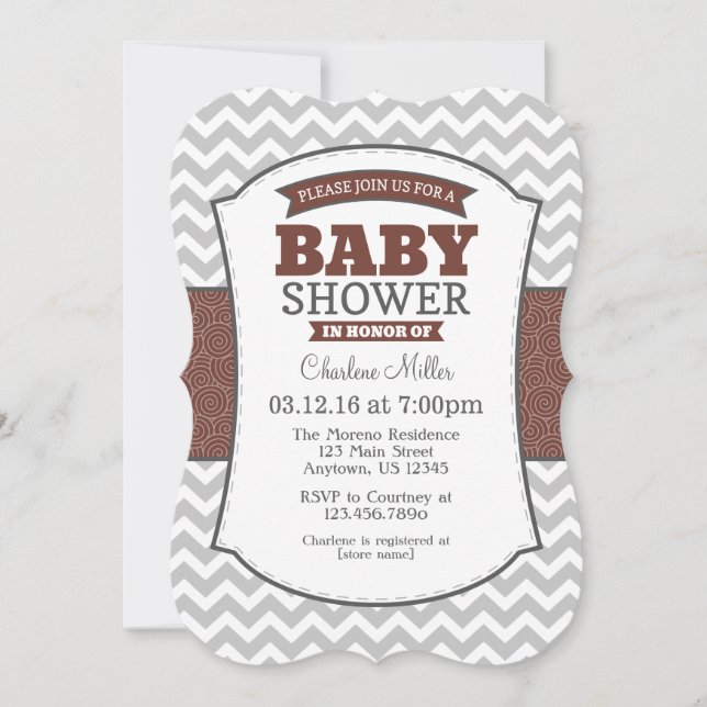 Brun Grått Chevron Baby Shower-inbjudan Inbjudningar (Framsida)