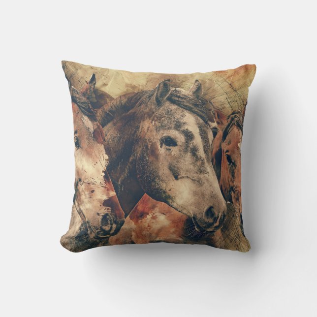 Brun Grått Horse Painting Pillow Kudde (Framsida)