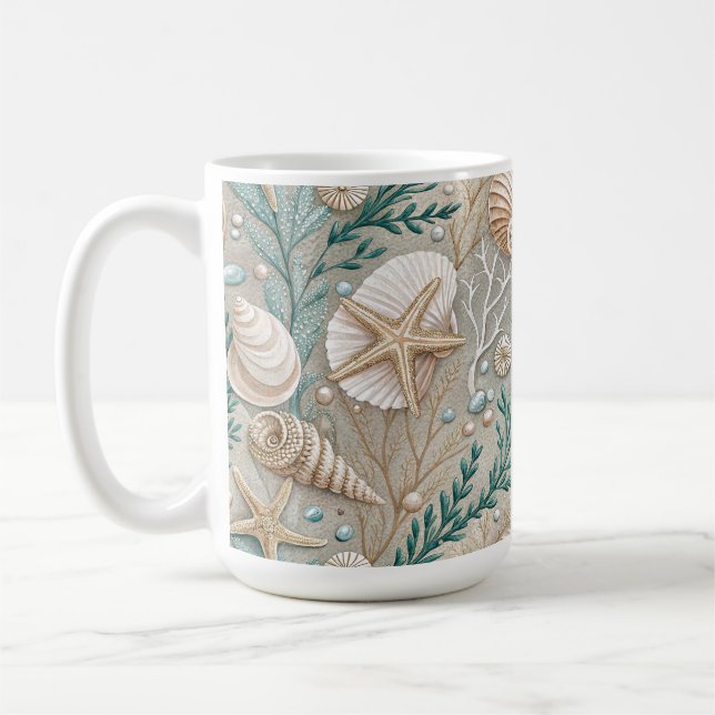 BRUN GRÖN VITA SNECKOR OCH AKVATISK LÖVMASSA KAFFEMUGG (Vänster)