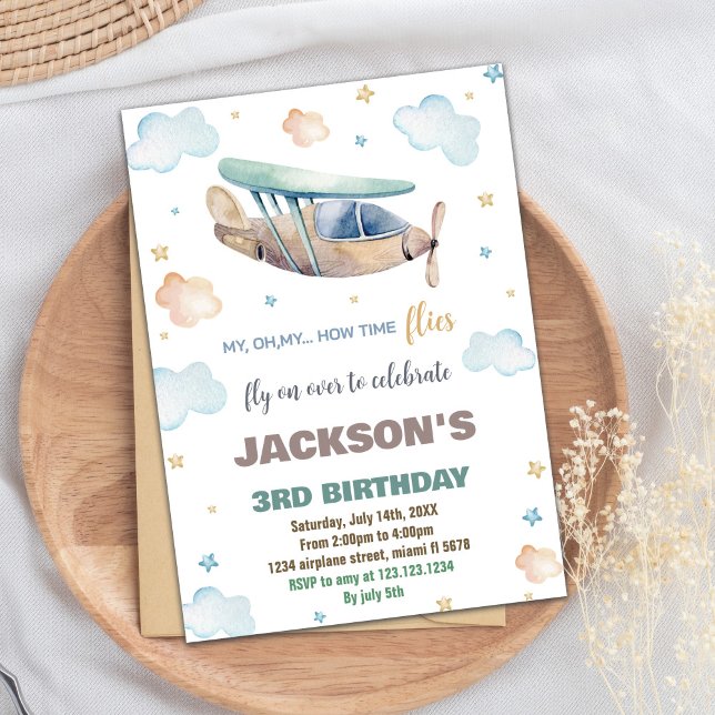Brun Grönt Flygplanets födelsedagsinbjudningar Inbjudningar (Brown Green Airplane Birthday Invitations)