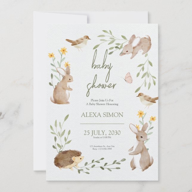 Brun Grönt Illustrated Baby Shower Inbjudningar (Framsida)