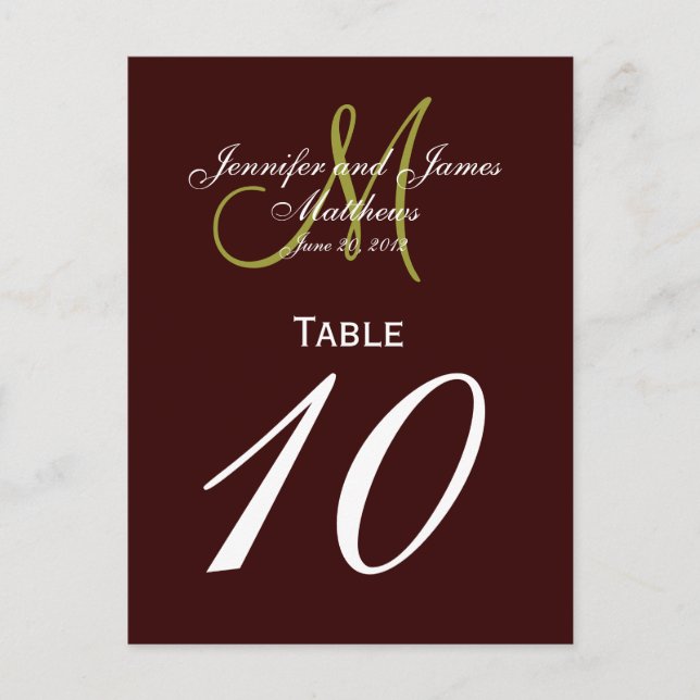 Brun Grönt Monogram Bröllop Bordsnummer-kort Vykort (Framsida)