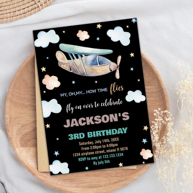 Brun Grönt svart på flygplanet Inbjudningar (Airplane Birthday Invitations Brown Green Black)