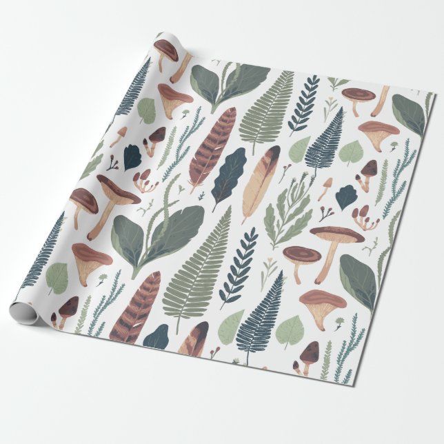 Brun & Grönt Woodland Foliage Patternt Presentpapper (Utrullad)
