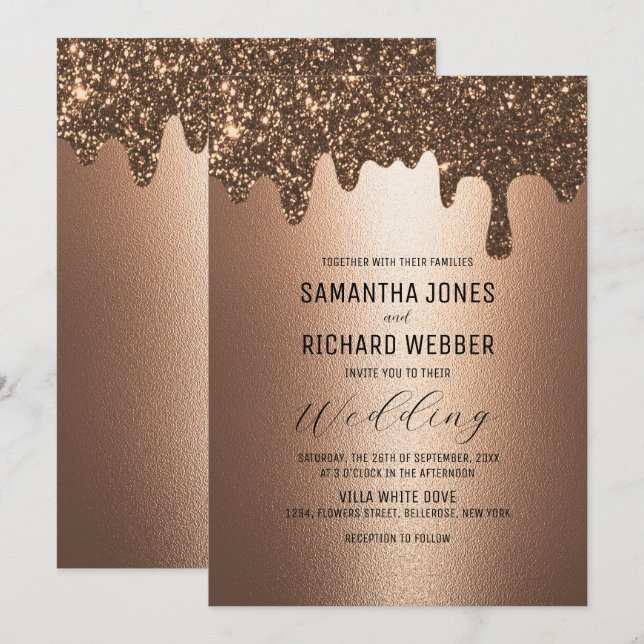 Brun Guld-Glitter-Metallic Shine Bröllop Inbjudningar (Fram/baksida)