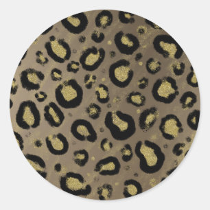 Brun Guld Glitter & Svart Leopard Förlossningsfest Runt Klistermärke