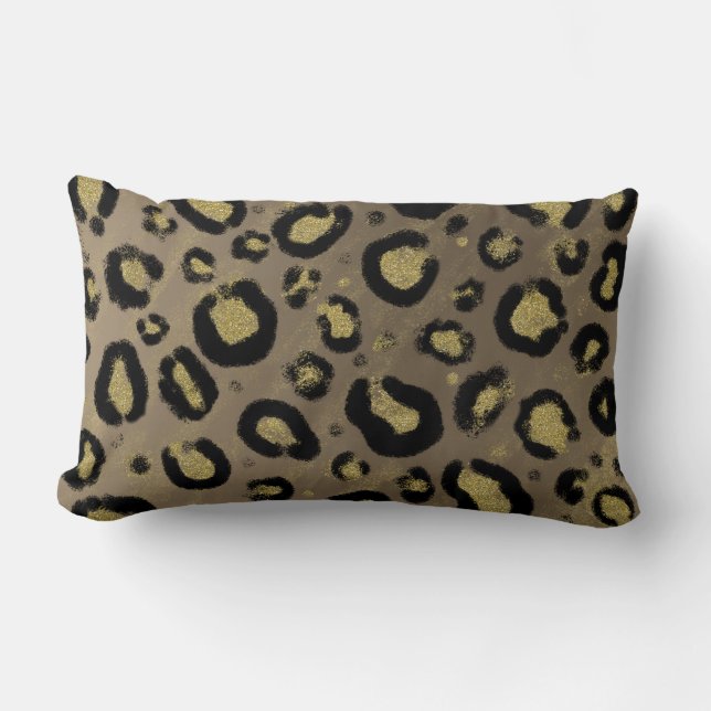 Brun Guld Glitter & Svart Leopard Gepardtryck Lumbarkudde (Framsida)