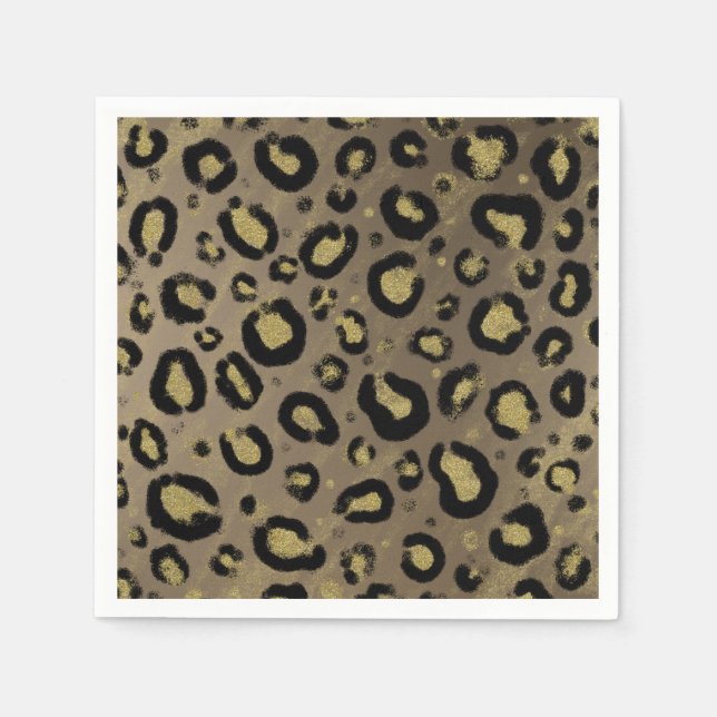 Brun Guld Glitter & Svart Leopard Gepardtryck Pappersservett (Framsidan)