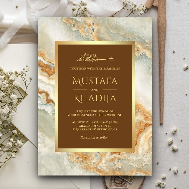 Brun Guld Marmor Falskt Guld Folie Islamisk Bröllo Inbjudningar (Skapare uppladdad)