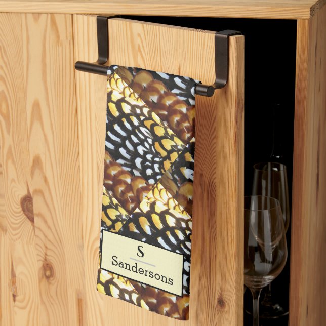 Brun, Gult, Black Reeve's Pheasant Monogram Kökshandduk (Thirds Fold)