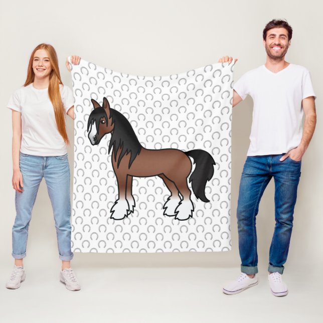 Brun Gypsy Vanner Clydesdale Shire Tecknad Häst Fleecefilt (På plats)