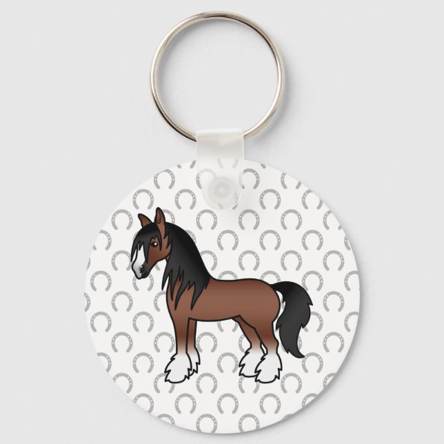 Brun Gypsy Vanner Clydesdale Shire Tecknad Häst Nyckelring (Framsida)