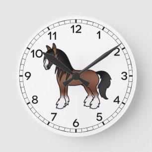 Brun Gypsy Vanner Clydesdale Shire Tecknad Häst Rund Klocka
