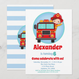 Brun Hair Boys Firefighter Birthday-inbjudan Inbjudningar