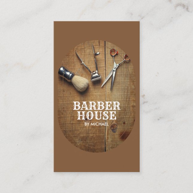 Brun hårstylist Rustik Trä Barbershop Visitkort (Framsida)