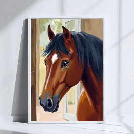 Brun häst akvarell djur land gård poster