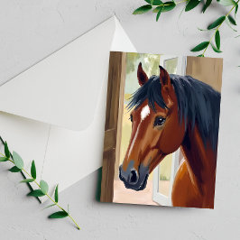 Brun häst akvarell djur lantlig lada kort