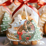 Brun häst, Bows och Barns Rustic jul Runt Klistermärke<br><div class="desc">En söt brun häst med rött båge på nacke,  som står bakom ett gammalt skorstenshus fyllt med gräs gren-trädgårdar med snöbakgrund och vintage gammal röd lada. Söt till använda som sälar med julkort.</div>