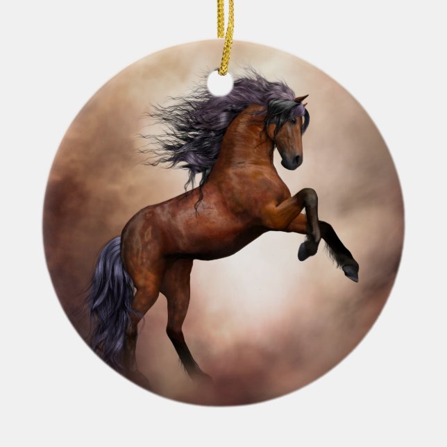 Brun häst för Friesian som fostrar upp med dimmiga Julgransprydnad Keramik (Framsidan)