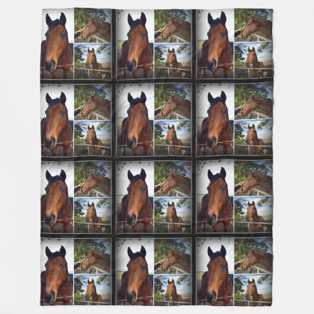 Brun häst i en fotokollage, stor fleecefilt (Framsidan)