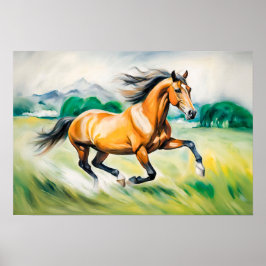 Brun häst som går över en ängsmark poster