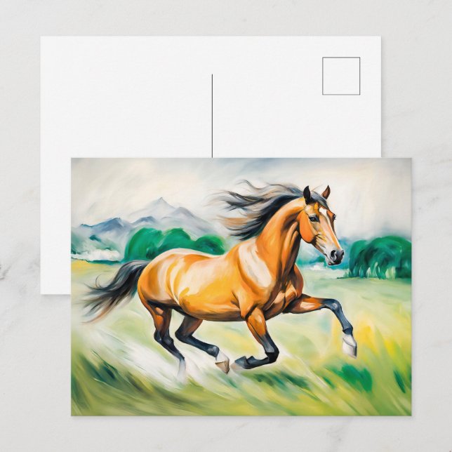 Brun häst som går över en ängsmark vykort (Fram/baksida)