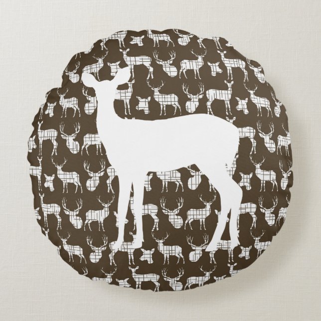 Brun Hjort med vit buffert och Dos Round Pillow Rund Kudde (Framsidan)