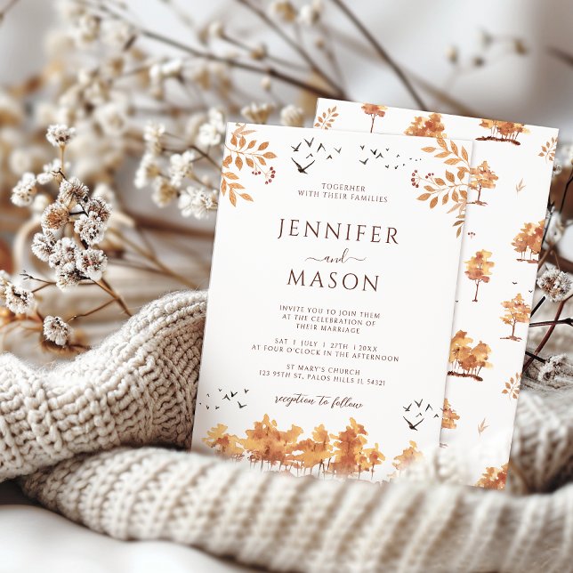 Brun höst liggande Träd Löv Bröllop Inbjudningar (Skapare uppladdad)