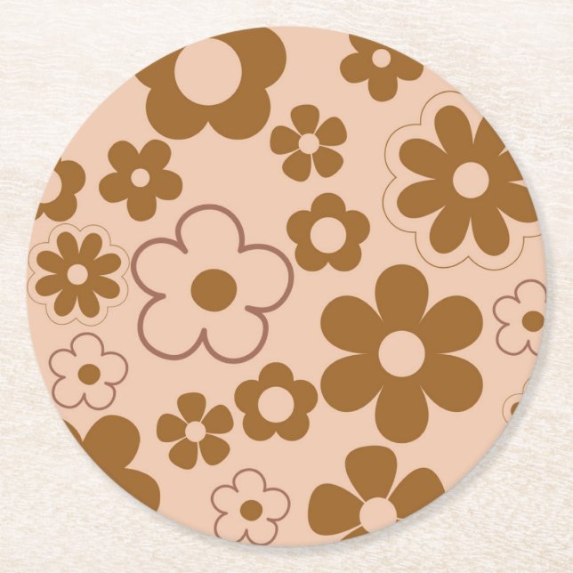 Brun höst Retro Y2K Hippie Flower Mönster Underlägg Papper Rund (Framsidan)