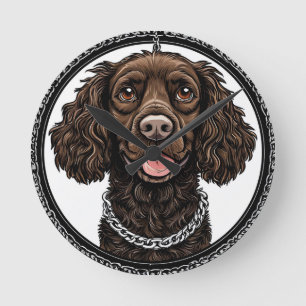 Brun hund med kedja och dekorativ cirkel rund klocka