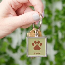 Brun hund tass, eget namn fyrkantig silverfärgad nyckelring