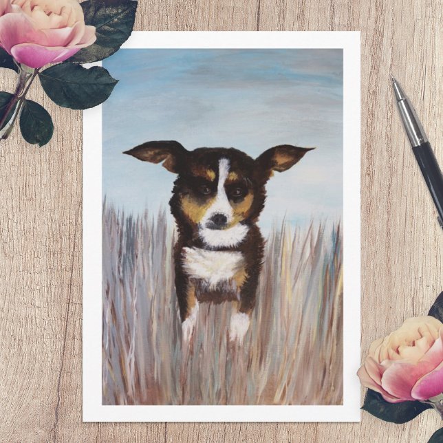 Brun Hundsmåleri på Blank Kort (acrylic painting dog with floppy ears beige brown nature animals blank note card original artwork)