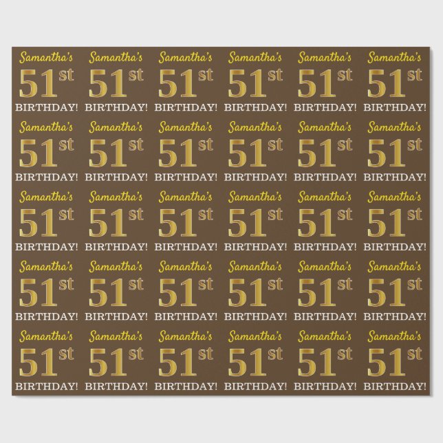 Brun, imitation guld look "51-ÅRSDAG" Presentpapper (Platt)