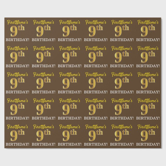 Brun, Imitation Guld ser "9:e BIRTHDAY" Presentpapper (Platt)