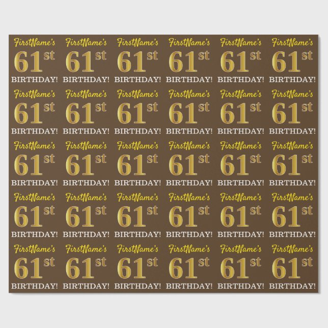 Brun, Imitation Guld titta "61:a BIRTHDAY" Presentpapper (Platt)