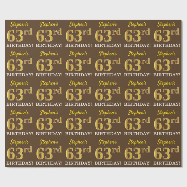 Brun, Imitation Guld titta "63:e BIRTHDAY" Presentpapper (Platt)