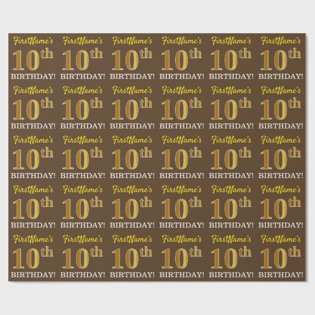 Brun, Imitation Guld tittar "10:e BIRTHDAY" Presentpapper (Platt)