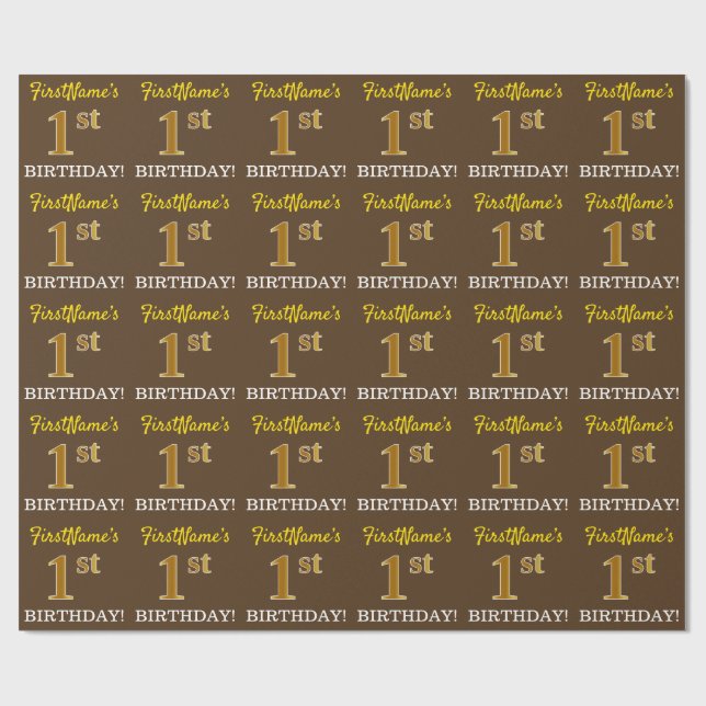Brun, Imitation Guld tittar "1:a BIRTHDAY" Presentpapper (Platt)
