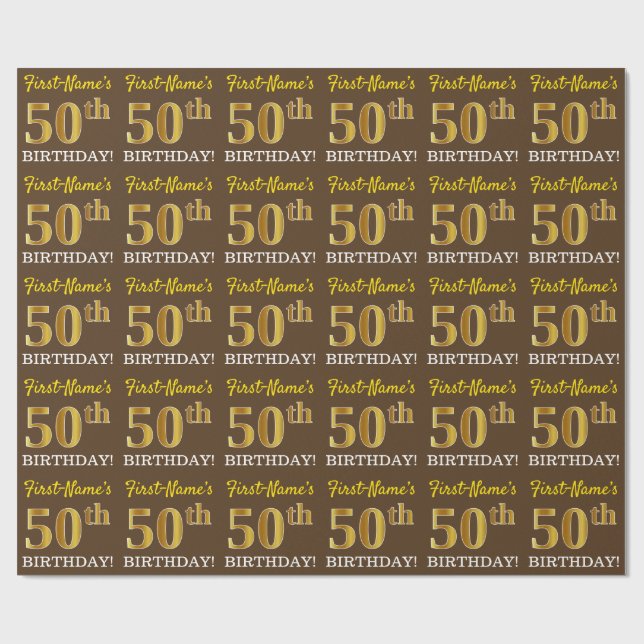 Brun, Imitation Guld tittar "50:e BIRTHDAY" Presentpapper (Platt)