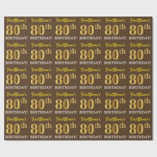 Brun, imitation guldutseende "80-ÅRS FÖDELSEDAG" Presentpapper (Platt)