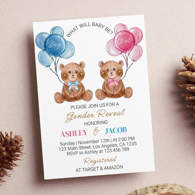Brun inbjudan till Balloon Gender- med Nalle (Skapare uppladdad)