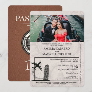 Brun inbjudan till Italien Passport Wedding