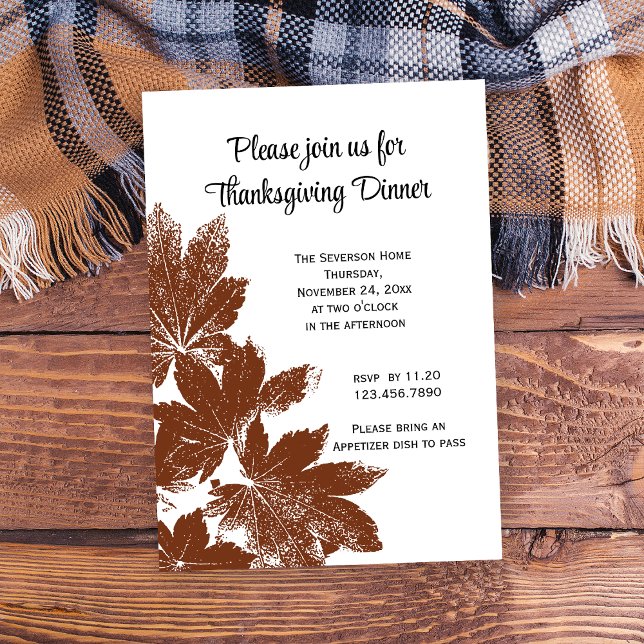 Brun inbjudan till Löv Frimärke Thanksgiving  på m (Invite friends to gather and give thanks with this woodsy Thanksgiving dinner invitation.)