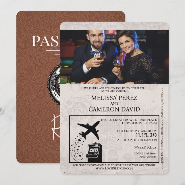 Brun inbjudan till Reno Passport Wedding (Fram/baksida)